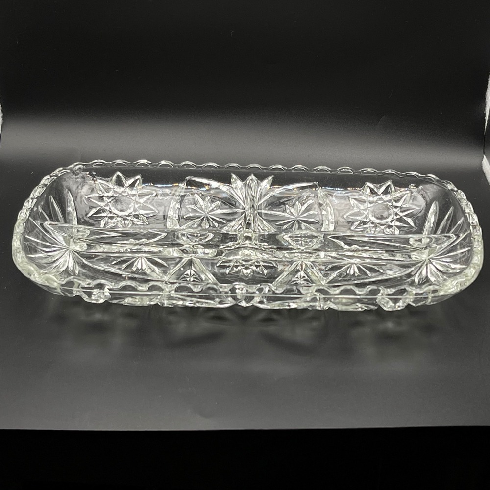 Vintage Clear Pressed Glass Divided Relish Dish Starburst Sawtooth 2 Section